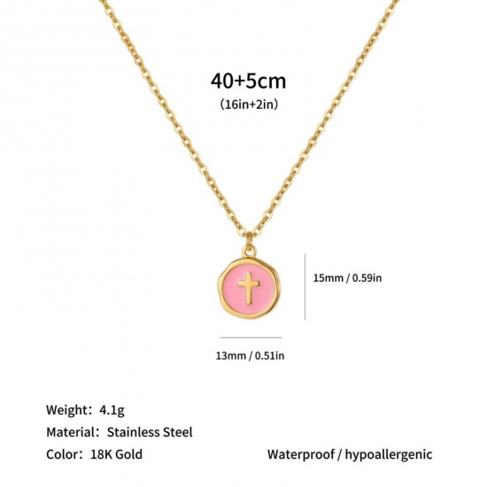 Imagen de Ronda Disco Cruz Rosado Esmalte Collar con Colgante Al Por Mayor, Chapado en Oro de 18K 304 Acero Inoxidable Cadena de Cable Cruz, Mujeres PVD Ecológico Religión Elegante Regalo Joyería Para Minorista, 40cm + 5cm longitud, 1 Unidad