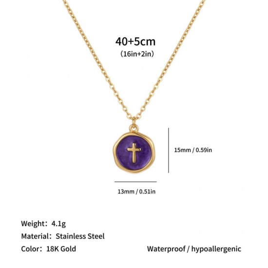 Imagen de Ronda Disco Cruz Púrpura Oscuro Esmalte Collar con Colgante Al Por Mayor, Chapado en Oro de 18K 304 Acero Inoxidable Cadena de Cable Cruz, Mujeres PVD Ecológico Religión Elegante Regalo Joyería Para Minorista, 40cm + 5cm longitud, 1 Unidad