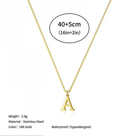 Picture of Wholesale Capital Alphabet Initial Letter Message " A " Pendant Charm Necklace, 18K Gold Plated 304 Stainless Steel Box Chain, Women's Eco-friendly PVD Stylish Minimalist Gift Jewelry For Retailer, 40cm(15.7") + 5cm(2") long, 1 Piece