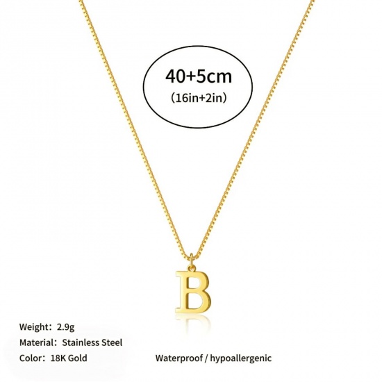 Picture of Wholesale Capital Alphabet Initial Letter Message " B " Pendant Charm Necklace, 18K Gold Plated 304 Stainless Steel Box Chain, Women's Eco-friendly PVD Stylish Minimalist Gift Jewelry For Retailer, 40cm(15.7") + 5cm(2") long, 1 Piece