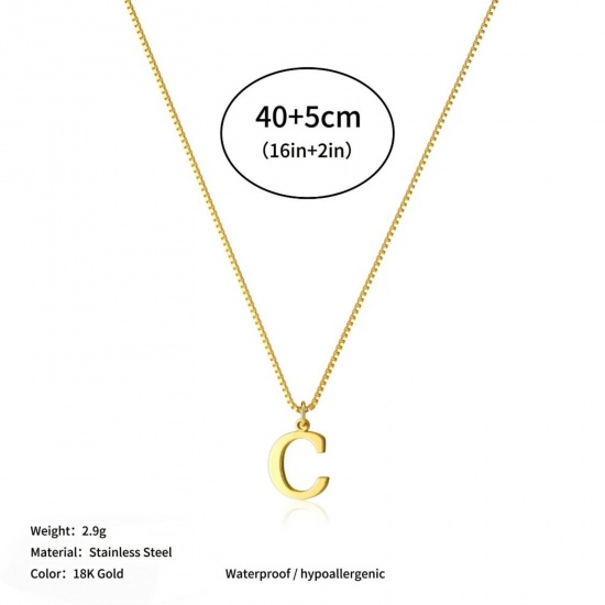 Picture of Wholesale Capital Alphabet Initial Letter Message " C " Pendant Charm Necklace, 18K Gold Plated 304 Stainless Steel Box Chain, Women's Eco-friendly PVD Stylish Minimalist Gift Jewelry For Retailer, 40cm(15.7") + 5cm(2") long, 1 Piece