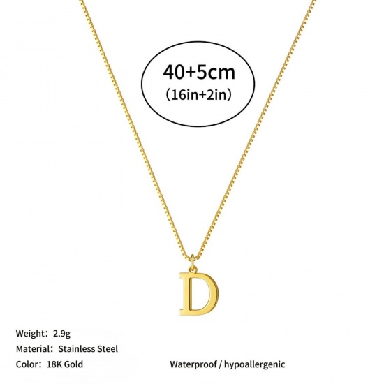 Picture of Wholesale Capital Alphabet Initial Letter Message " D " Pendant Charm Necklace, 18K Gold Plated 304 Stainless Steel Box Chain, Women's Eco-friendly PVD Stylish Minimalist Gift Jewelry For Retailer, 40cm(15.7") + 5cm(2") long, 1 Piece