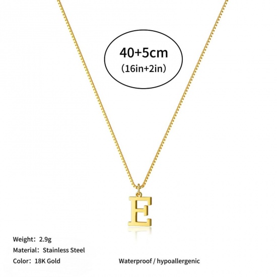 Picture of Wholesale Capital Alphabet Initial Letter Message " E " Pendant Charm Necklace, 18K Gold Plated 304 Stainless Steel Box Chain, Women's Eco-friendly PVD Stylish Minimalist Gift Jewelry For Retailer, 40cm(15.7") + 5cm(2") long, 1 Piece