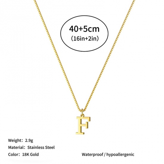 Picture of Wholesale Capital Alphabet Initial Letter Message " F " Pendant Charm Necklace, 18K Gold Plated 304 Stainless Steel Box Chain, Women's Eco-friendly PVD Stylish Minimalist Gift Jewelry For Retailer, 40cm(15.7") + 5cm(2") long, 1 Piece