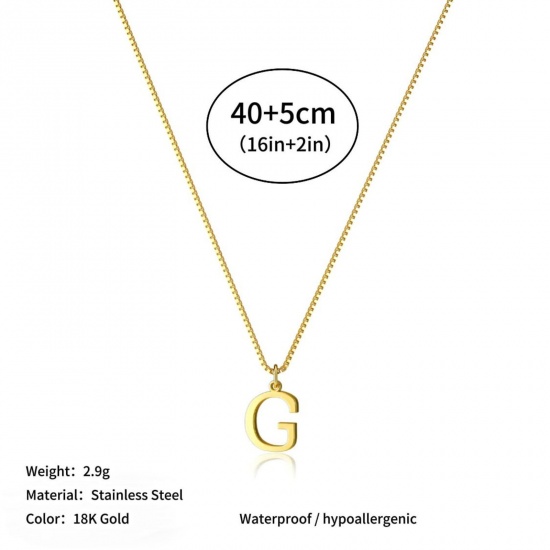 Picture of Wholesale Capital Alphabet Initial Letter Message " G " Pendant Charm Necklace, 18K Gold Plated 304 Stainless Steel Box Chain, Women's Eco-friendly PVD Stylish Minimalist Gift Jewelry For Retailer, 40cm(15.7") + 5cm(2") long, 1 Piece