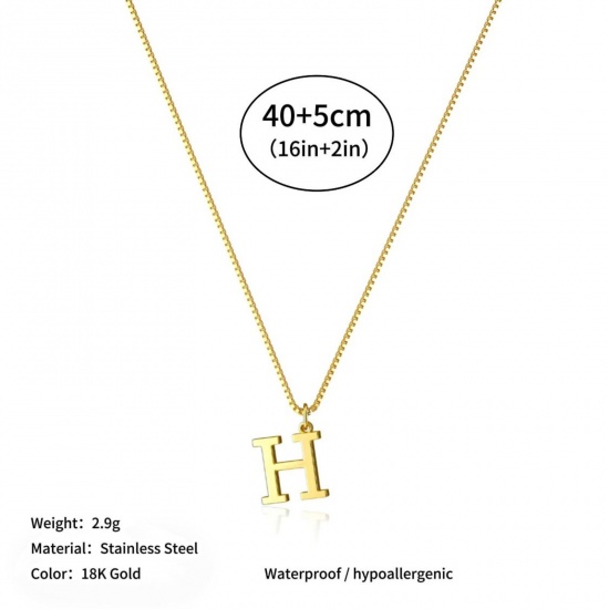 Picture of Wholesale Capital Alphabet Initial Letter Message " H " Pendant Charm Necklace, 18K Gold Plated 304 Stainless Steel Box Chain, Women's Eco-friendly PVD Stylish Minimalist Gift Jewelry For Retailer, 40cm(15.7") + 5cm(2") long, 1 Piece