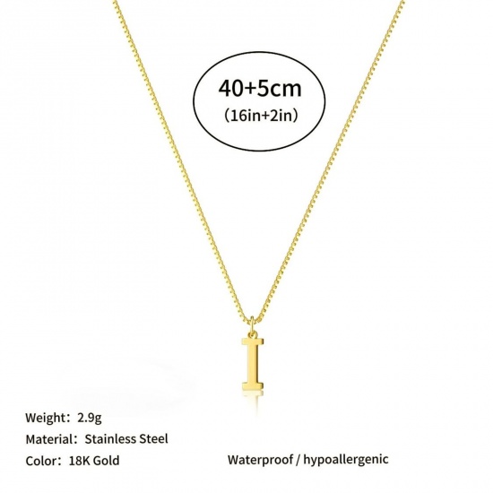 Picture of Wholesale Capital Alphabet Initial Letter Message " I " Pendant Charm Necklace, 18K Gold Plated 304 Stainless Steel Box Chain, Women's Eco-friendly PVD Stylish Minimalist Gift Jewelry For Retailer, 40cm(15.7") + 5cm(2") long, 1 Piece