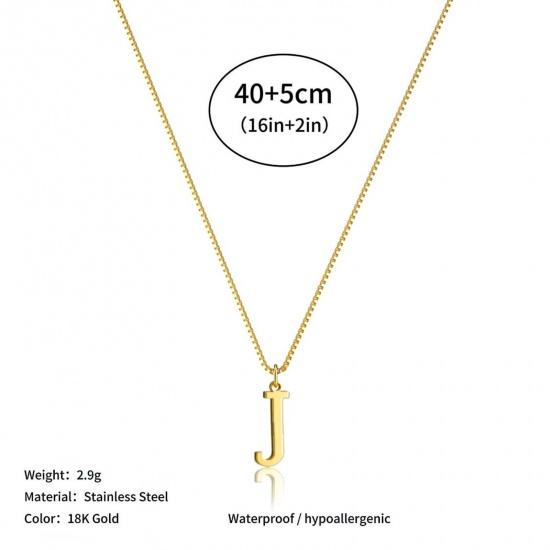 Picture of Wholesale Capital Alphabet Initial Letter Message " J " Pendant Charm Necklace, 18K Gold Plated 304 Stainless Steel Box Chain, Women's Eco-friendly PVD Stylish Minimalist Gift Jewelry For Retailer, 40cm(15.7") + 5cm(2") long, 1 Piece