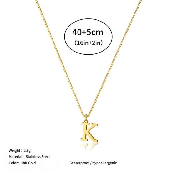 Picture of Wholesale Capital Alphabet Initial Letter Message " K " Pendant Charm Necklace, 18K Gold Plated 304 Stainless Steel Box Chain, Women's Eco-friendly PVD Stylish Minimalist Gift Jewelry For Retailer, 40cm(15.7") + 5cm(2") long, 1 Piece