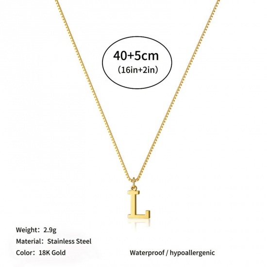 Picture of Wholesale Capital Alphabet Initial Letter Message " L " Pendant Charm Necklace, 18K Gold Plated 304 Stainless Steel Box Chain, Women's Eco-friendly PVD Stylish Minimalist Gift Jewelry For Retailer, 40cm(15.7") + 5cm(2") long, 1 Piece