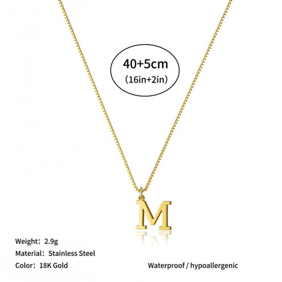 Picture of Wholesale Capital Alphabet Initial Letter Message " M " Pendant Charm Necklace, 18K Gold Plated 304 Stainless Steel Box Chain, Women's Eco-friendly PVD Stylish Minimalist Gift Jewelry For Retailer, 40cm(15.7") + 5cm(2") long, 1 Piece