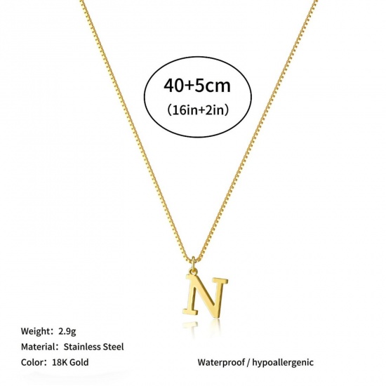 Picture of Wholesale Capital Alphabet Initial Letter Message " N " Pendant Charm Necklace, 18K Gold Plated 304 Stainless Steel Box Chain, Women's Eco-friendly PVD Stylish Minimalist Gift Jewelry For Retailer, 40cm(15.7") + 5cm(2") long, 1 Piece