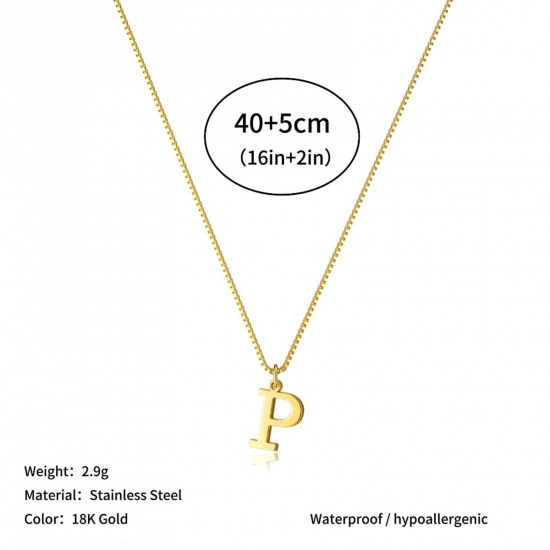 Picture of Wholesale Capital Alphabet Initial Letter Message " P " Pendant Charm Necklace, 18K Gold Plated 304 Stainless Steel Box Chain, Women's Eco-friendly PVD Stylish Minimalist Gift Jewelry For Retailer, 40cm(15.7") + 5cm(2") long, 1 Piece