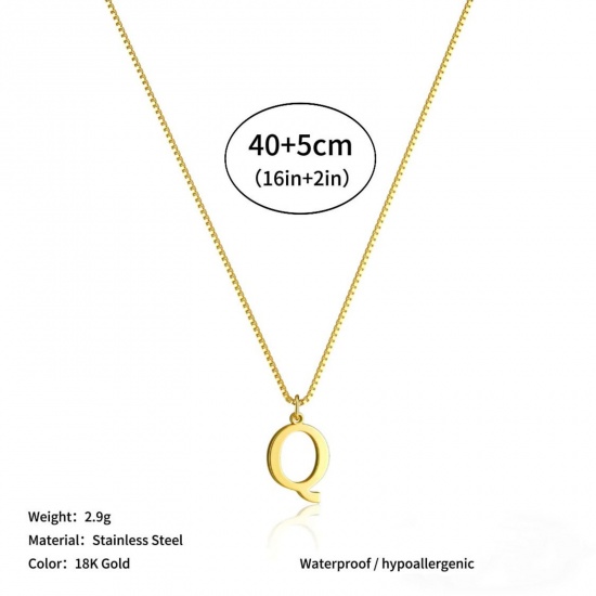 Picture of Wholesale Capital Alphabet Initial Letter Message " Q " Pendant Charm Necklace, 18K Gold Plated 304 Stainless Steel Box Chain, Women's Eco-friendly PVD Stylish Minimalist Gift Jewelry For Retailer, 40cm(15.7") + 5cm(2") long, 1 Piece