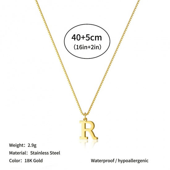 Picture of Wholesale Capital Alphabet Initial Letter Message " R " Pendant Charm Necklace, 18K Gold Plated 304 Stainless Steel Box Chain, Women's Eco-friendly PVD Stylish Minimalist Gift Jewelry For Retailer, 40cm(15.7") + 5cm(2") long, 1 Piece