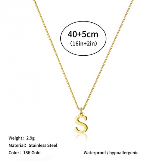 Picture of Wholesale Capital Alphabet Initial Letter Message " S " Pendant Charm Necklace, 18K Gold Plated 304 Stainless Steel Box Chain, Women's Eco-friendly PVD Stylish Minimalist Gift Jewelry For Retailer, 40cm(15.7") + 5cm(2") long, 1 Piece