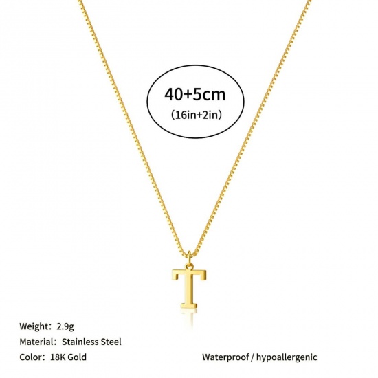 Picture of Wholesale Capital Alphabet Initial Letter Message " T " Pendant Charm Necklace, 18K Gold Plated 304 Stainless Steel Box Chain, Women's Eco-friendly PVD Stylish Minimalist Gift Jewelry For Retailer, 40cm(15.7") + 5cm(2") long, 1 Piece