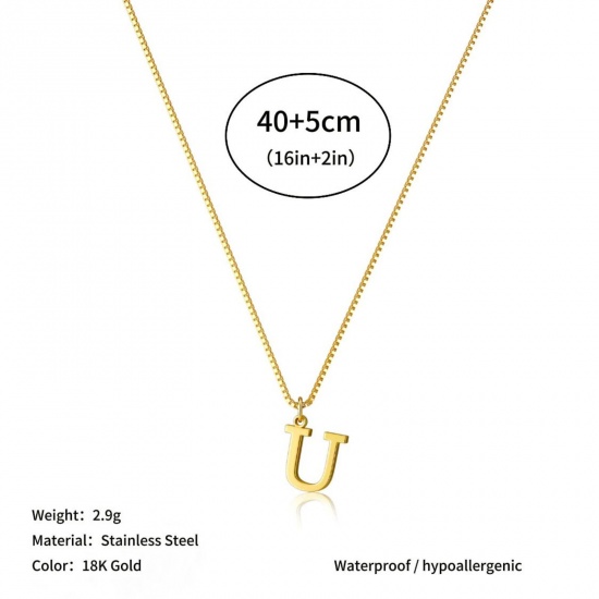Picture of Wholesale Capital Alphabet Initial Letter Message " U " Pendant Charm Necklace, 18K Gold Plated 304 Stainless Steel Box Chain, Women's Eco-friendly PVD Stylish Minimalist Gift Jewelry For Retailer, 40cm(15.7") + 5cm(2") long, 1 Piece