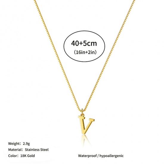 Picture of Wholesale Capital Alphabet Initial Letter Message " V " Pendant Charm Necklace, 18K Gold Plated 304 Stainless Steel Box Chain, Women's Eco-friendly PVD Stylish Minimalist Gift Jewelry For Retailer, 40cm(15.7") + 5cm(2") long, 1 Piece