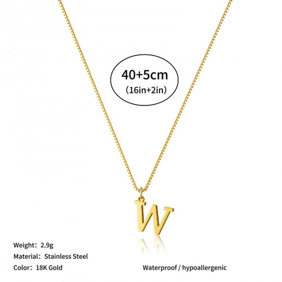 Picture of Wholesale Capital Alphabet Initial Letter Message " W " Pendant Charm Necklace, 18K Gold Plated 304 Stainless Steel Box Chain, Women's Eco-friendly PVD Stylish Minimalist Gift Jewelry For Retailer, 40cm(15.7") + 5cm(2") long, 1 Piece
