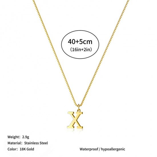 Picture of Wholesale Capital Alphabet Initial Letter Message " X " Pendant Charm Necklace, 18K Gold Plated 304 Stainless Steel Box Chain, Women's Eco-friendly PVD Stylish Minimalist Gift Jewelry For Retailer, 40cm(15.7") + 5cm(2") long, 1 Piece