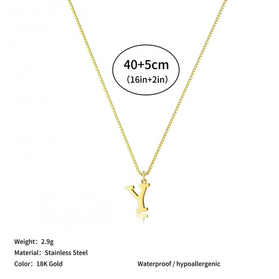 Picture of Wholesale Capital Alphabet Initial Letter Message " Y " Pendant Charm Necklace, 18K Gold Plated 304 Stainless Steel Box Chain, Women's Eco-friendly PVD Stylish Minimalist Gift Jewelry For Retailer, 40cm(15.7") + 5cm(2") long, 1 Piece