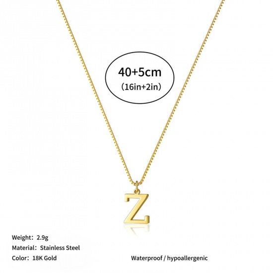 Picture of Wholesale Capital Alphabet Initial Letter Message " Z " Pendant Charm Necklace, 18K Gold Plated 304 Stainless Steel Box Chain, Women's Eco-friendly PVD Stylish Minimalist Gift Jewelry For Retailer, 40cm(15.7") + 5cm(2") long, 1 Piece