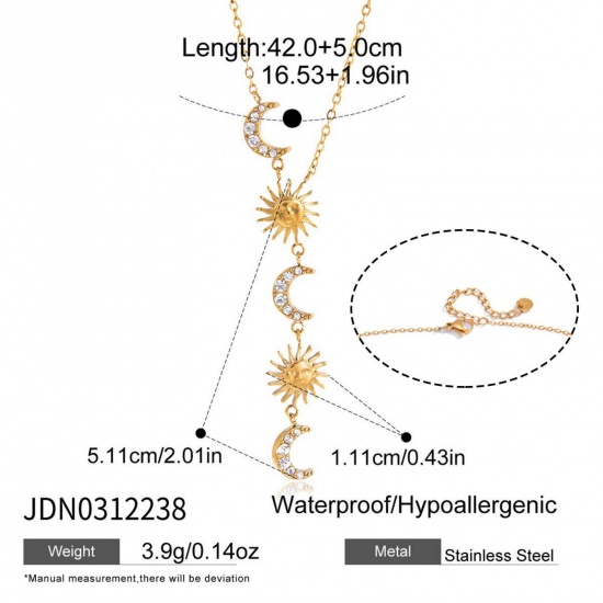 Picture of Wholesale Sun & Moon Clear Rhinestone Pendant Charm Necklace, 18K Gold Plated 304 Stainless Steel Link Cable Chain, Women's Eco-friendly PVD Simple Stylish Gift Jewelry For Retailer, 42cm(16.5") + 5cm(2") long, 1 Piece