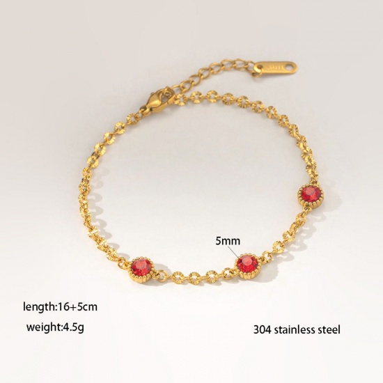 Picture of Wholesale Red Rhinestone 304 Stainless Steel Station Bracelet, 18K Gold Plated Eco-friendly PVD, Women's Ins Style Stylish Gift Jewelry Supply, 16cm(6.3") + 5cm(2") long, 1 Piece