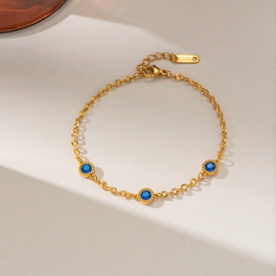 Picture of Wholesale Blue Rhinestone 304 Stainless Steel Station Bracelet, 18K Gold Plated Eco-friendly PVD, Women's Ins Style Stylish Gift Jewelry Supply, 16cm(6.3") + 5cm(2") long, 1 Piece