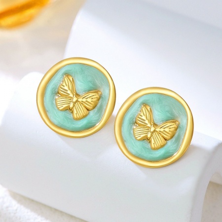 Immagine di Squisito Retrò Orecchini a Perno All'Ingrosso, Tondo Farfalla Verde Chiaro Smalto Placcato Oro 18K 304 Acciaio Inossidabile, Donne Placcatura Sottovuoto Regalo Fornitura di Gioielli, 20mm x 20mm, 1 Paio
