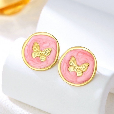 Imagen de Exquisito Retro Pendientes de Poste de Oreja Al Por Mayor, Ronda Mariposa Color rosa Esmalte Chapado en Oro de 18K 304 Acero Inoxidable, Mujeres Enchapado al Vacío Regalo Suministro de Joyería, 20mm x 20mm, 1 Par