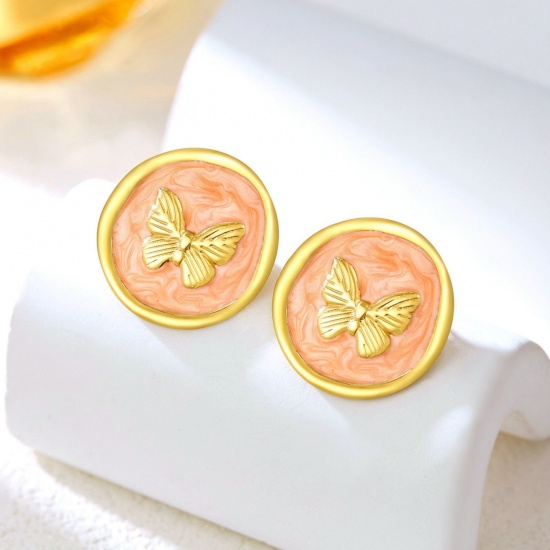 Picture of Wholesale Exquisite Retro Ear Post Stud Earrings, Round Butterfly Light Orange Enamel 18K Gold Plated 304 Stainless Steel, Women's Vacuum Plating Gift Jewelry Supply, 20mm x 20mm, 1 Pair