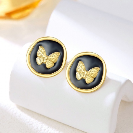 Immagine di Squisito Retrò Orecchini a Perno All'Ingrosso, Tondo Farfalla Nero Smalto Placcato Oro 18K 304 Acciaio Inossidabile, Donne Placcatura Sottovuoto Regalo Fornitura di Gioielli, 20mm x 20mm, 1 Paio