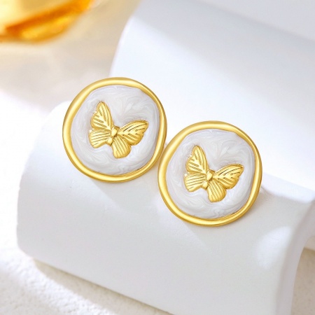 Imagen de Exquisito Retro Pendientes de Poste de Oreja Al Por Mayor, Ronda Mariposa Blanco Esmalte Chapado en Oro de 18K 304 Acero Inoxidable, Mujeres Enchapado al Vacío Regalo Suministro de Joyería, 20mm x 20mm, 1 Par