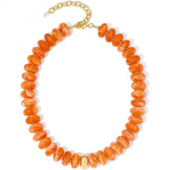Picture of Wholesale Orange Beaded Necklace, 304 Stainless Steel & Resin, Women's Eco-friendly Retro Stylish Gift Jewelry For Retailer, 45cm(17.7") + 5cm(2") long, 1 Piece