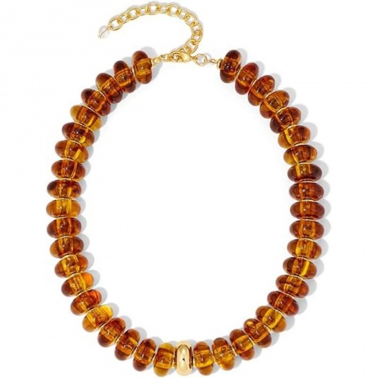 Picture of Wholesale Amber Beaded Necklace, 304 Stainless Steel & Resin, Women's Eco-friendly Retro Stylish Gift Jewelry For Retailer, 45cm(17.7") + 5cm(2") long, 1 Piece