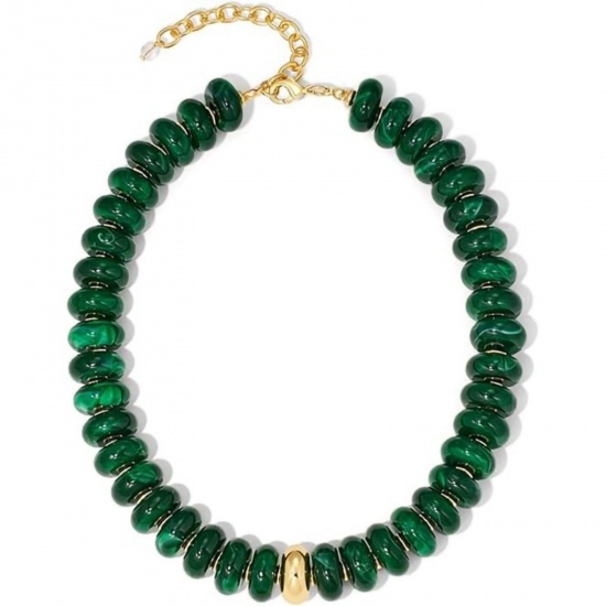Picture of Wholesale Dark Green Beaded Necklace, 304 Stainless Steel & Resin, Women's Eco-friendly Retro Stylish Gift Jewelry For Retailer, 45cm(17.7") + 5cm(2") long, 1 Piece