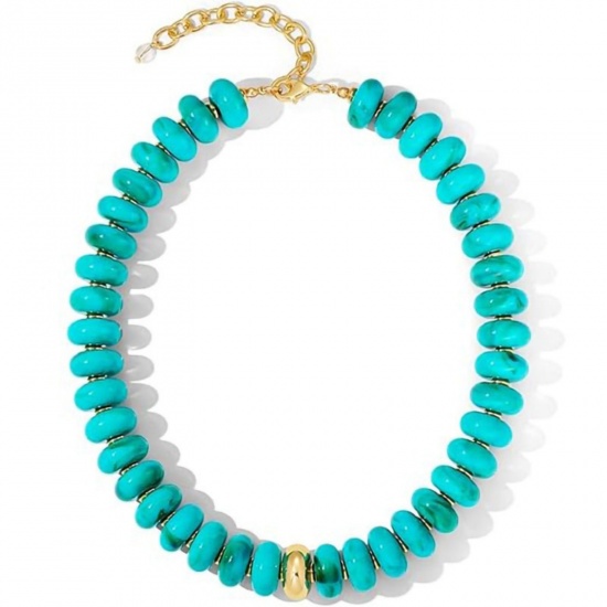 Picture of Wholesale Skyblue Beaded Necklace, 304 Stainless Steel & Resin, Women's Eco-friendly Retro Stylish Gift Jewelry For Retailer, 45cm(17.7") + 5cm(2") long, 1 Piece
