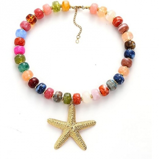 Picture of Wholesale Starfish Multicolor Beaded Pendant Charm Necklace, 304 Stainless Steel & Resin Women's Eco-friendly Ocean Jewelry Stylish Gift Jewelry For Retailer, 45cm(17.7") + 5cm(2") long, 1 Piece