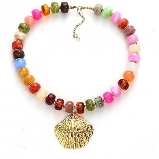 Picture of Wholesale Shell Multicolor Beaded Pendant Charm Necklace, 304 Stainless Steel & Resin Women's Eco-friendly Ocean Jewelry Stylish Gift Jewelry For Retailer, 45cm(17.7") + 5cm(2") long, 1 Piece