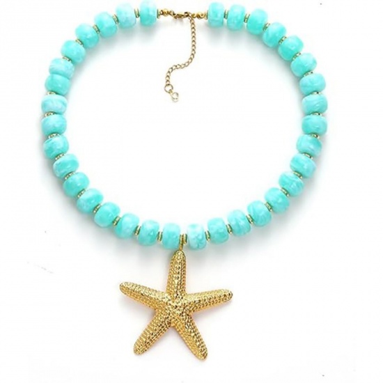 Picture of Wholesale Starfish Blue Beaded Pendant Charm Necklace, 304 Stainless Steel & Resin Women's Eco-friendly Ocean Jewelry Stylish Gift Jewelry For Retailer, 45cm(17.7") + 5cm(2") long, 1 Piece