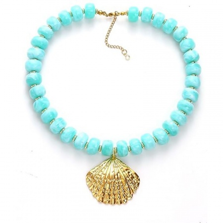Picture of Wholesale Shell Blue Beaded Pendant Charm Necklace, 304 Stainless Steel & Resin Women's Eco-friendly Ocean Jewelry Stylish Gift Jewelry For Retailer, 45cm(17.7") + 5cm(2") long, 1 Piece