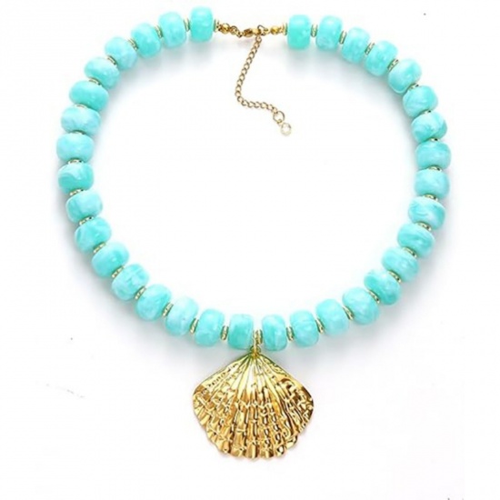 Picture of Wholesale Shell Blue Beaded Pendant Charm Necklace, 304 Stainless Steel & Resin Women's Eco-friendly Ocean Jewelry Stylish Gift Jewelry For Retailer, 45cm(17.7") + 5cm(2") long, 1 Piece