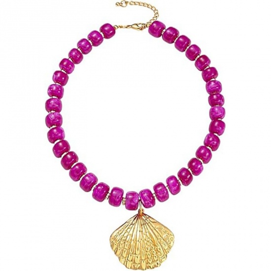 Picture of Wholesale Shell Fuchsia Beaded Pendant Charm Necklace, 304 Stainless Steel & Resin Women's Eco-friendly Ocean Jewelry Stylish Gift Jewelry For Retailer, 45cm(17.7") + 5cm(2") long, 1 Piece