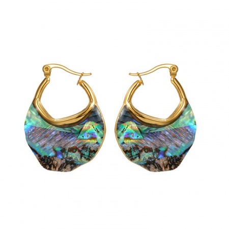 Imagen de Joyería del océano Elegante Pendientes de Aro Al Por Mayor, Multicolor Chapado en Oro de 18K 304 Acero Inoxidable & Concha Naturales, Mujeres PVD Ecológico Regalo Suministro de Joyería, 3.4cm x 2.7cm, 1 Par