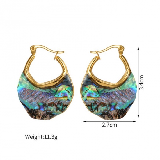 Imagen de Joyería del océano Elegante Pendientes de Aro Al Por Mayor, Multicolor Chapado en Oro de 18K 304 Acero Inoxidable & Concha Naturales, Mujeres PVD Ecológico Regalo Suministro de Joyería, 3.4cm x 2.7cm, 1 Par