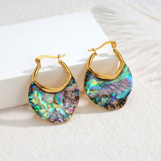 Imagen de Joyería del océano Elegante Pendientes de Aro Al Por Mayor, Multicolor Chapado en Oro de 18K 304 Acero Inoxidable & Concha Naturales, Mujeres PVD Ecológico Regalo Suministro de Joyería, 3.4cm x 2.7cm, 1 Par