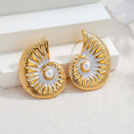 Picture of Wholesale Ocean Jewelry Stylish Ear Post Stud Earrings, Conch/ Sea Snail White Enamel 18K Gold Plated 304 Stainless Steel, Women's Eco-friendly PVD Gift Jewelry Supply, 3.8cm x 2.9cm, 1 Pair