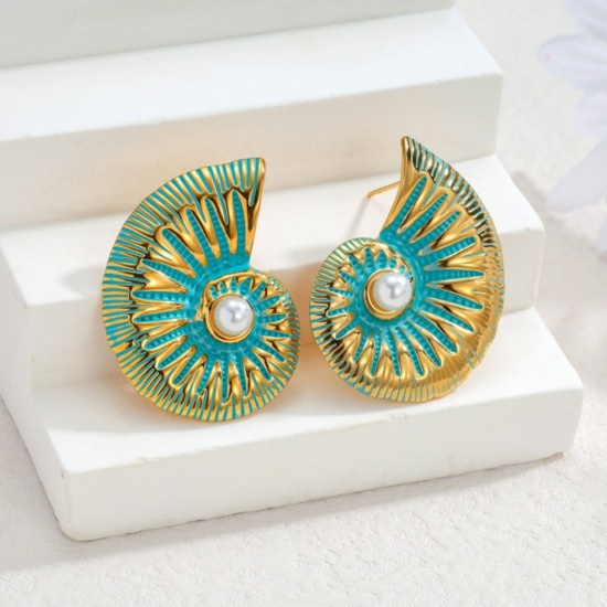 Imagen de Joyería del océano Elegante Pendientes de Poste de Oreja Al Por Mayor, Caracola Azul Esmalte Chapado en Oro de 18K 304 Acero Inoxidable, Mujeres PVD Ecológico Regalo Suministro de Joyería, 3.8cm x 2.9cm, 1 Par